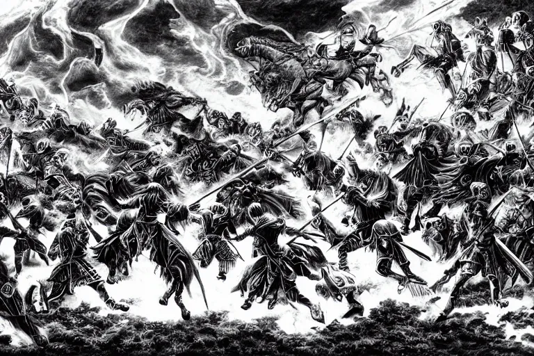 Image similar to epic battle scene of knights, high contrast, by kentaro miura