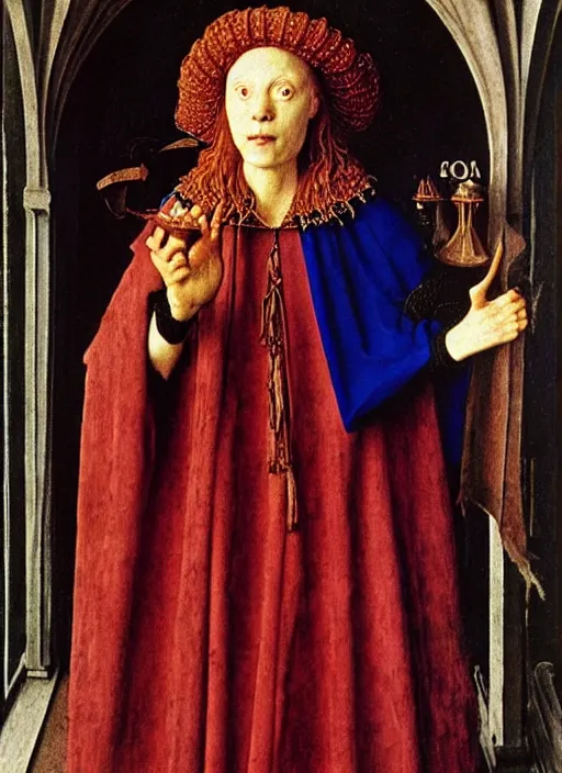 Image similar to beautiful witch circe, art by jan van eyck