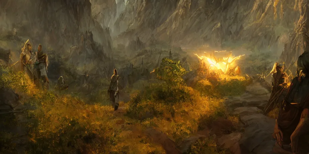 Image similar to VR gameplay screenshot. VR gameplay screenshot of someone within J.R.R. Tolkien's Middle-Earth. Beautiful. Trending on Artstation. Lighting, colors, and shading by James Gurney.