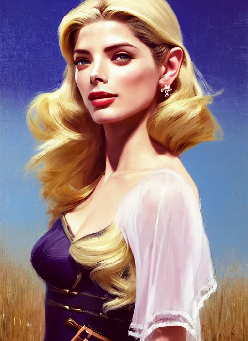 Prompt: A combination of Adriana Dxim and Grace Kelly’s and Ashley Greene's appearance with blonde hair as Zelda, countryside, calm, fantasy character portrait, dynamic pose, above view, sunny day, thunder clouds in the sky, artwork by Jeremy Lipkin and Giuseppe Dangelico Pino and Michael Garmash and Rob Rey and Greg Manchess, very coherent asymmetrical artwork, sharp edges, perfect face, simple form, 100mm