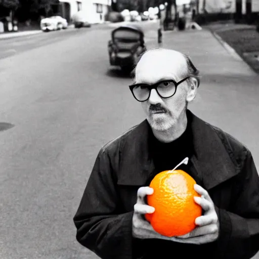 Image similar to photograph of hugh hopper on a street corner eating an orange holding a pepsi