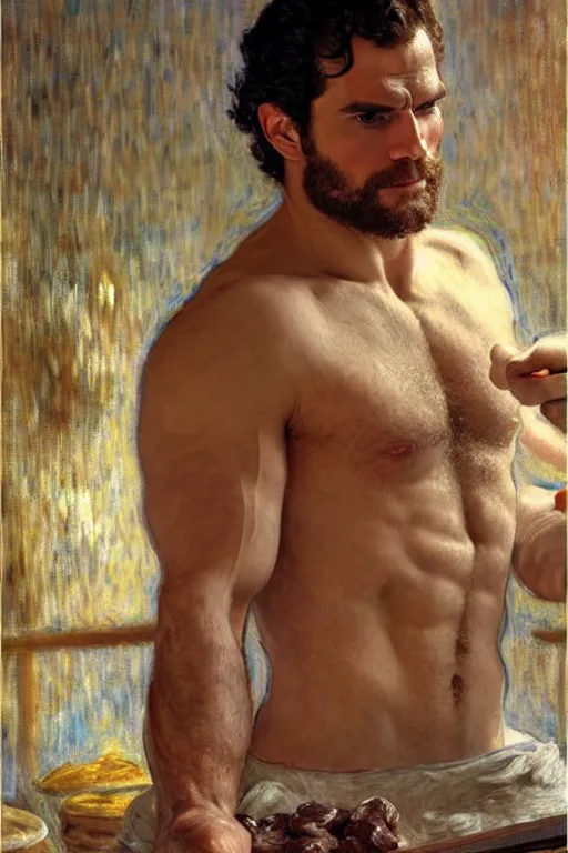 Image similar to henry cavill as a baker, kneading dough, painting by tom of finland, gaston bussiere, craig mullins, j. c. leyendecker, claude monet