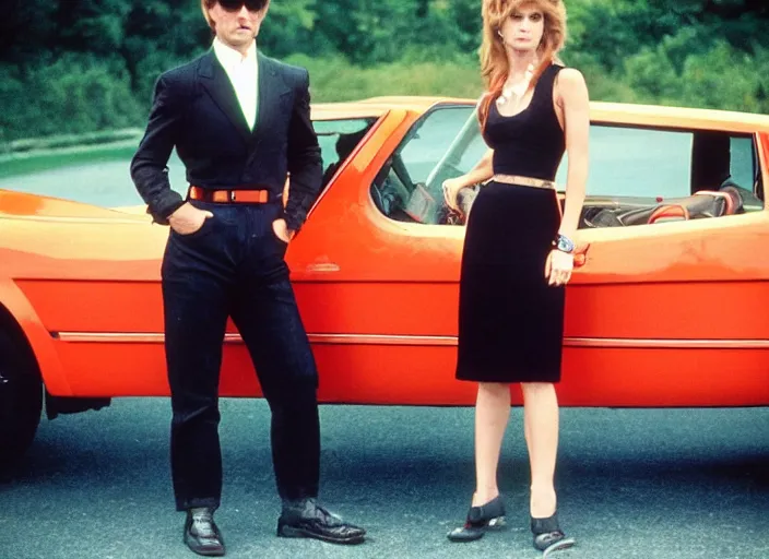 Image similar to color photo. a cool handsome photomodel standingwith hos arm crossed in the 8 0's. girl on both sides. sport car in the background