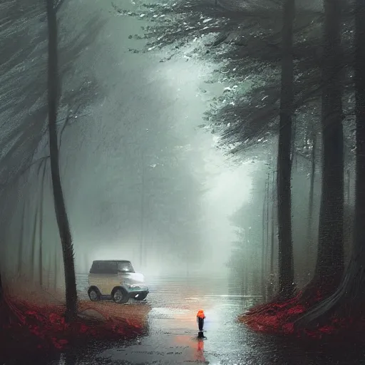 Image similar to a landrover crossing a forest path while its raining, digital art, artstation, photgraphy, highly detailed, digital painting, artstation, concept art, sharp focus, illustration, art by greg rutkowski and artgerm