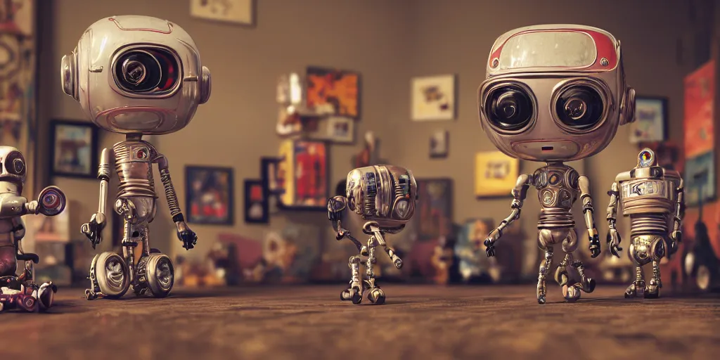 Image similar to closeup portrait of tin toy retro living room of cyberpunk robot family, depth of field, zeiss lens, detailed, centered, fashion photoshoot, by nicoletta ceccoli, mark ryden, lostfish, breathtaking, 8 k resolution, extremely detailed, beautiful, establishing shot, artistic, hyperrealistic, octane render, - h 8 0 4