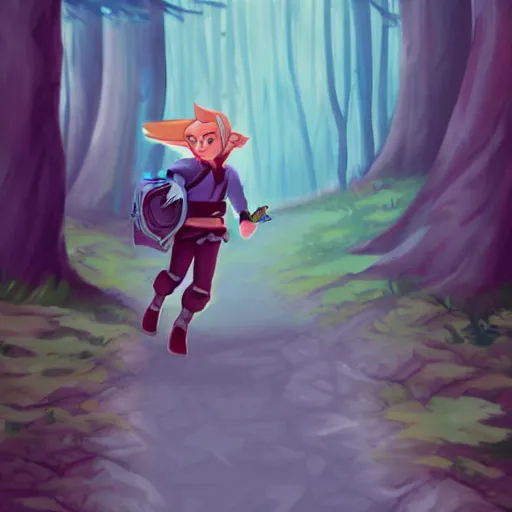 Image similar to link is running to save princess zelda, in forest background, lois van baarle