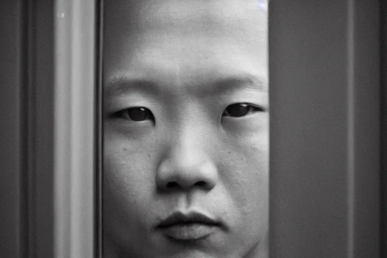 Image similar to an 8 5 mm portrait of a justin sun in prison looking through the bars of his cell, by annie leibovitz, shallow depth of field, cinematic lighting