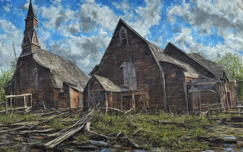 Image similar to an old wooden church rotting away in the bayou, realistic, oil painting, dynamic composition, ultra detailed
