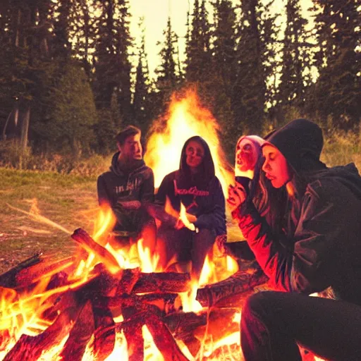 Image similar to grainy 90s poloraid photo of a young woman wearing a Synthwave style hoodie near a campfire, sitting with friends; vintage image artifacts