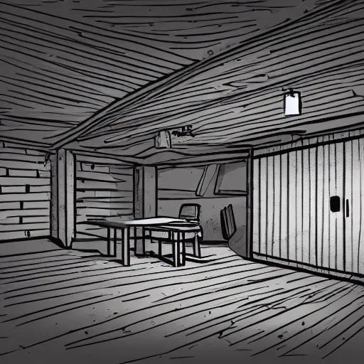 Prompt: an illustration of a basement in the style of mateusz skutnik