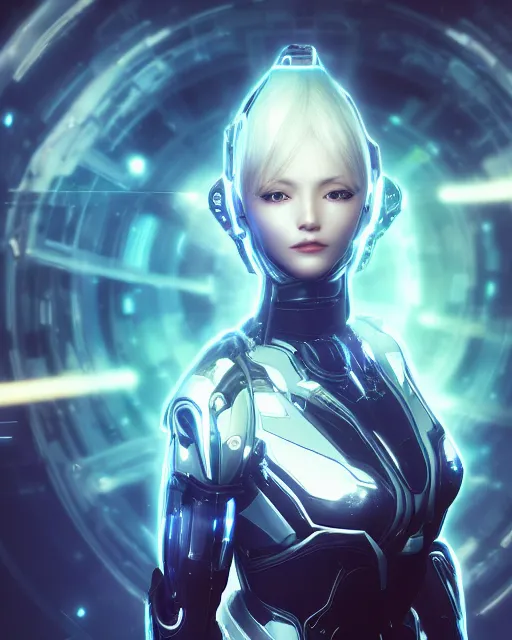 Image similar to photo of a android girl on a mothership, warframe armor, beautiful face, scifi, nebula, futuristic background, galaxy raytracing, dreamy, focused, sparks of light, pure, long white hair, blue cyborg eyes, glowing, 8 k high definition, insanely detailed, intricate, innocent, art by akihiko yoshida, antilous chao, woo kim