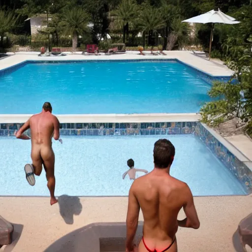 Prompt: a man in a speedo is jumping into an outdoor pool filled to the brim with lemons. photo.