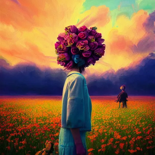 Image similar to girl with a singular flower for a head, surreal photography, dream, standing in flower field, magical, in a valley, sunrise dramatic light, impressionist painting, colorful clouds, artstation, simon stalenhag, flower face