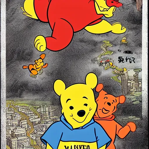 Prompt: winnie the pooh as godzilla attacking shanghai