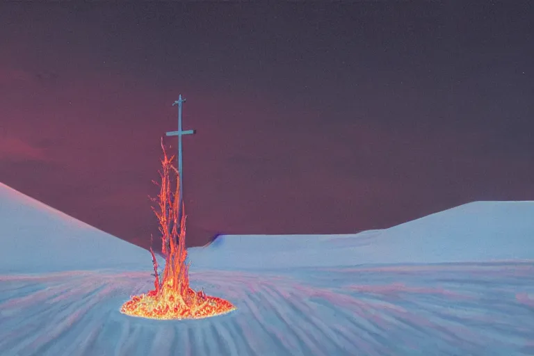 Image similar to a cross set on fire on a snow covered field, surreal frozen landscape, painting by beeple and zdzisław beksinski, a matte painting by li shida, cgsociety, context art, redshift, matte painting, reimagined by industrial light and magic