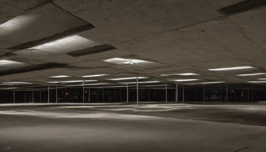 Image similar to brutalism, underground city carpark, lighting with lensflares, photorealistic 8 k