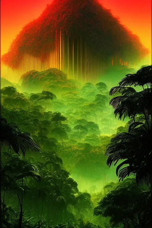 Prompt: a lush jungle arthur haas and bruce pennington and john schoenherr, cinematic matte painting in the style of glitch art, minimal modern pixel sorting, zaha hadid building, photo realism, neon lights, dark moody color palate,