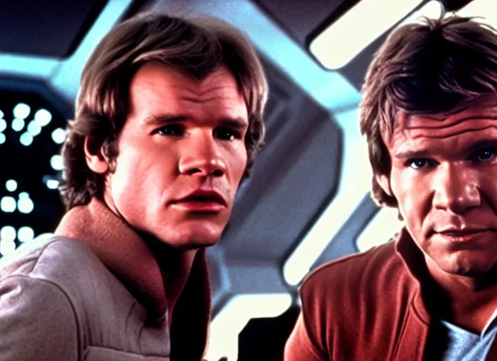 Image similar to screenshot of Han Solo on the millenium falcon talking to a hologram of Luke Skywalker iconic scene from the 1970s sci fi thriller directed by Stanely Kubrick film, color kodak, ektochrome, anamorphic lenses, detailed faces, moody cinematography