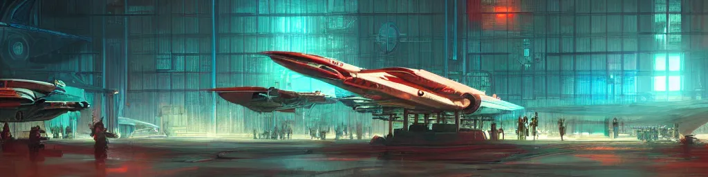 Image similar to concept art, retro - futurist steampunk pilot, airship hangar, imperious, octane render, artstation, dramatic neon lighting, glowing imperial motifs, eerie, mysterious, red turquoise accents, bladerunner, by gerald brom, james jean, syd mead, akihiko yoshida, cinematic