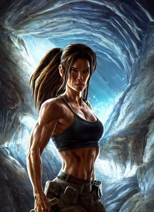 Image similar to muscled Sandra Bullock as Lara Croft as a ruggedly handsome heroine looking directly into the camera, jumping off a glowing artifact lodged in shallow blue glowing water, intricate, elegant, highly detailed, artstation, concept art, smooth, sharp focus, illustration, bokeh art by artgerm and donato giancola and Joseph Christian Leyendecker, WLOP, fireflies, distant snowstorm and thunder