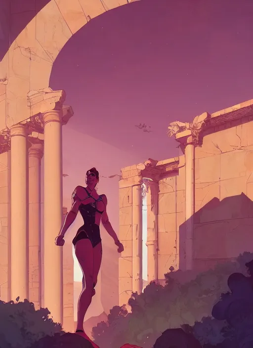 Prompt: a roman palace reaching to the sky, glorious, epic scene, beautiful, pools, vegetation, in the style of artgerm, gerald brom, atey ghailan and mike mignola, vibrant colors and hard shadows and strong rim light, plain background, comic cover art, trending on artstation