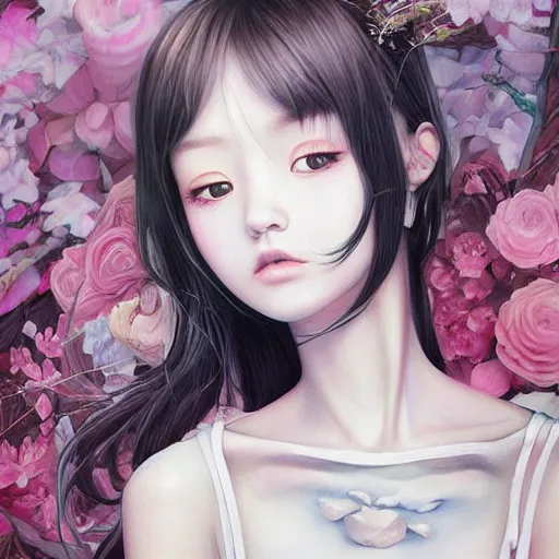 Image similar to Portrait 🍔💀 by Miho Hirano, Ross Tran and Ilya Kuvshinov, realistic, detailed, white, light pink tonalities, beautiful collage technique including flora, sea, wind, ornate sea background, beautiful Fantasy detailed trending on artstation, oil painting,Dramatic lighting, eterea , high quality print, fine art with subtle redshift rendering