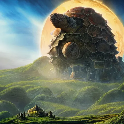 Image similar to large fantasy castle riding on the top of a giant tortoise, towering over a harsh wasteland with sharp rays of sunlight, howls moving castle, mortal engines, kaiju, distant - mid - shot, fantasy, hyper detailed, 4 k