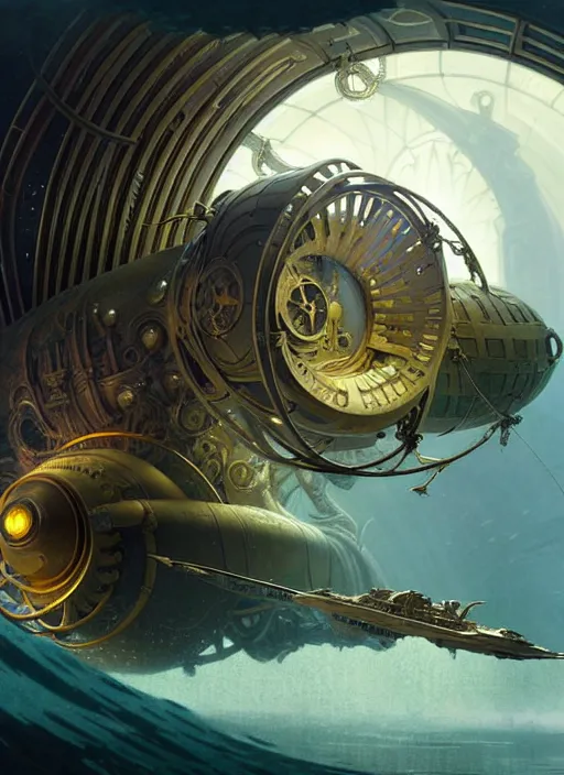 Image similar to epic concept illustration, highly detailed, intricate mechanical design, hard science concept art, underwater nautilus submarine being prepared for launch, by greg rutkowski and alphonse mucha. uhd, cinematic lighting, amazing depth, cinematography by 2 0 1 7