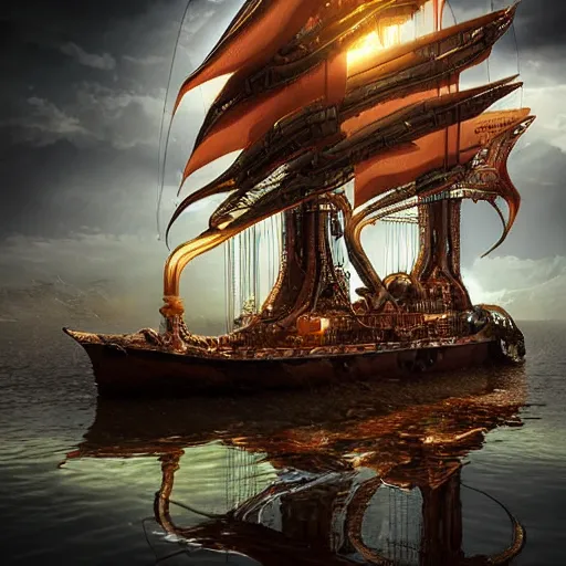 Prompt: A steampunk ship that looks like an octopus, digital art, hyperrealistic, epic, dramatic lighting