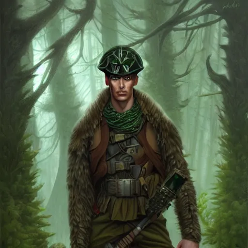 Image similar to male soldier in the forest, by gerald brom!!, D&D, fantasy, intricate, elegant, highly detailed, digital painting, artstation, concept art, matte, sharp focus, illustration