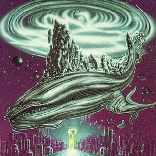 Image similar to cosmic eldritch space whale consuming a city on venus, epic surrealism, elegant, dreadful