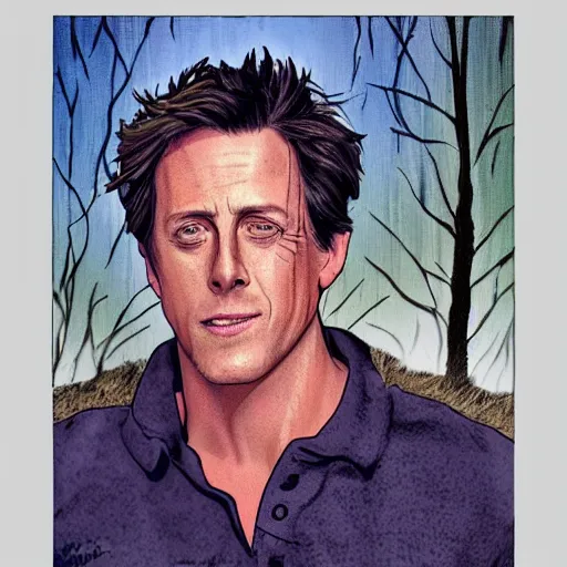 Prompt: hugh grant man vs wild, born survivor, bonfire, mud, man in white t - shirt, art by beskow elsa,