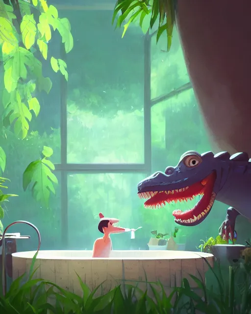 Prompt: a cute alligator brushing his teeth while taking a bath in a well with lush vegetation around, cory loftis, james gilleard, atey ghailan, makoto shinkai, goro fujita, character art, rim light, exquisite lighting, clear focus, very coherent, plain background, soft painting