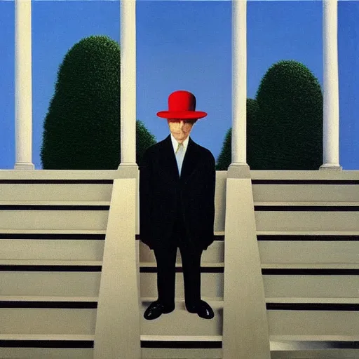 Prompt: “ painting by magritte and jeffrey smart and de chirico, featuring stairs, and man in hat ”