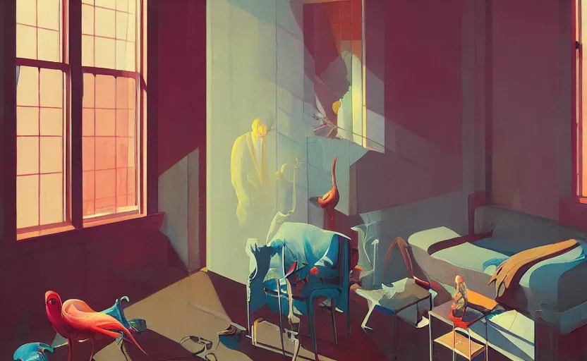 Image similar to Cozy apartment, very coherent, painted by Francis Bacon and Edward Hopper, Wayne Barlowe, painted by James Gilleard, surrealism, airbrush, art by JamesJean