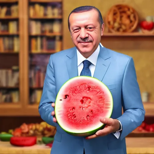 Image similar to recep tayyip erdogan smiling holding watermelon, studio photograph, hd, studio