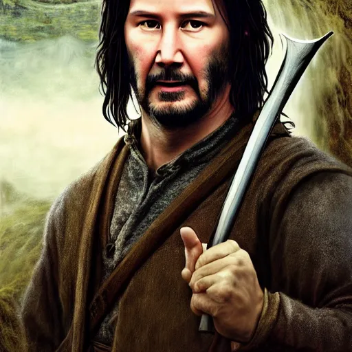 Image similar to keanu reeves as a hobbit ( lord of the rings movie ), digital painting, extremely detailed, 4 k, intricate, brush strokes, mark arian, artgerm, bastien lecouffe - deharme