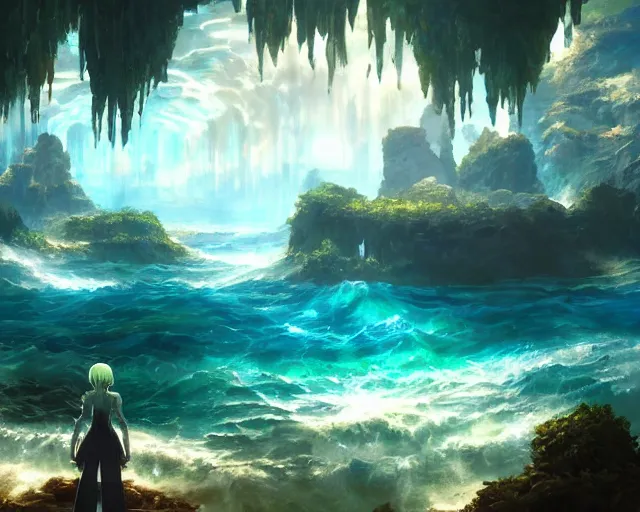 Image similar to scenery artwork, scene beautiful, light!! light essential underground ocean world atlantis and nature vegetation with daylight, surrealism oil on canvas, artstation!! pixiv!! dream scenery, quality astral projection render, nier automata concept art, vaporwave textures