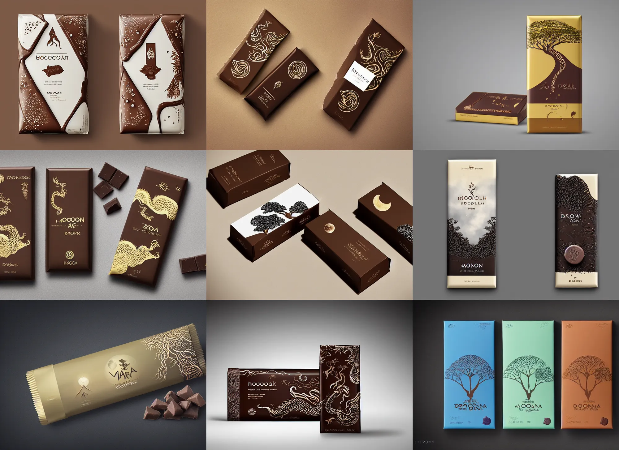 Prompt: conceptual designer chocolate bar packaging, inspired by moonlit socotra island with dragon trees, horizon zero dawn, label design, behance, pinterest, packaging of the world, award, front label, packaging design, octane render