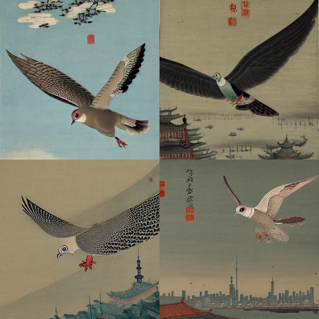 Prompt: A spotted dove flying, with landmark of Shanghai as background, Qing dynasty painting