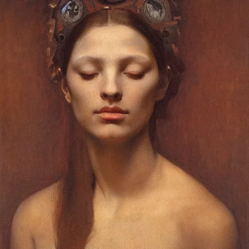 Image similar to The waist-high portrait of beautiful woman with closed eyes in steel full-face occult mask by Ilya Repin, William Blake, Michelangelo da Caravaggio and Beksinski, medium shot, grisaille, highly detailed oil painting, 4k, masterpiece