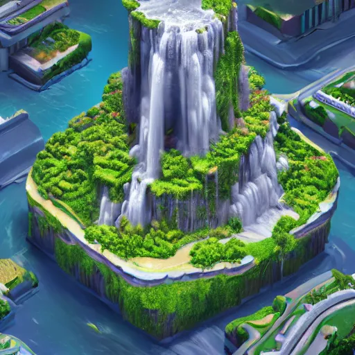 Image similar to new york surrounded by waterfalls on a floating island in the sky, low poly art, isometric art, 3d render, ray tracing, high detail, artstation, concept art, behance, smooth, sharp focus, ethereal lighting, unreal engine 5