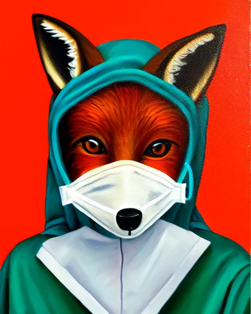 Image similar to oil painting portrait of anthropomorphic female fox animal dressed in labcoat, surgical mask covering mouth, red eyes, fox animal, hospital in background, oil painting,