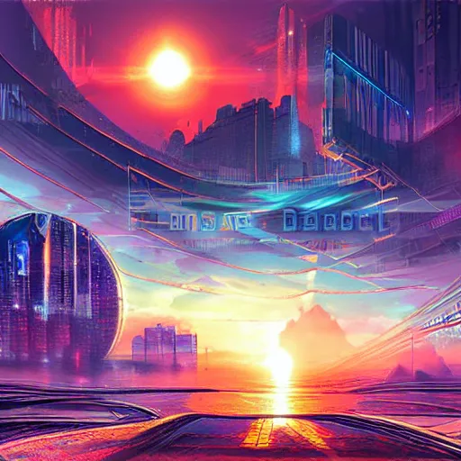 Prompt: beautiful sunrise in dreamscape cyberpunk arstation