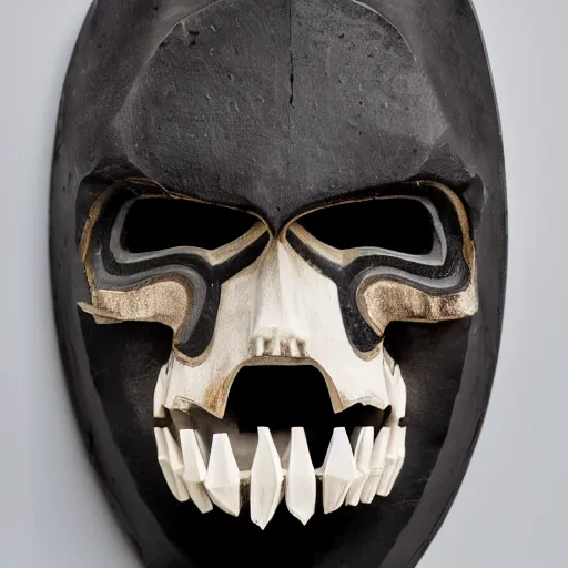 Image similar to symmetrical product photograph of a highly detailed ominous samurai mask made from fragmented bone and obsidian, angry