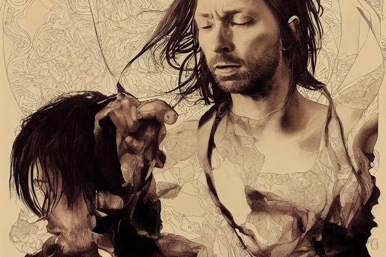 Image similar to hyper realistic portrait of thom yorke singer songwriter, side, liminal space, by lee bermejo, alphonse mucha and greg rutkowski