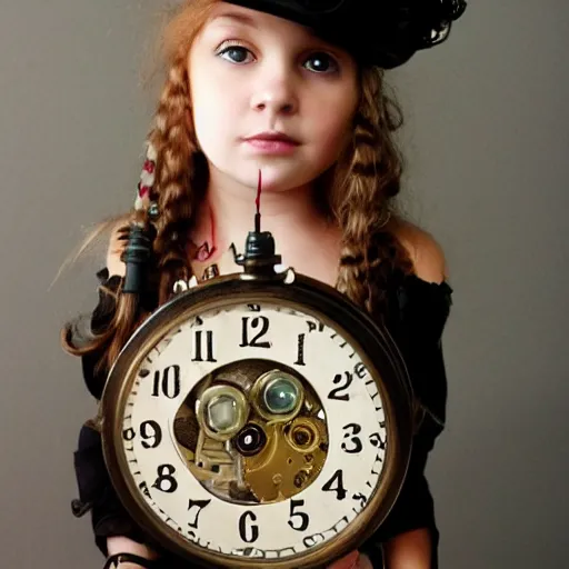 Prompt: steampunk little girl wears a clock necklace in steampunk world