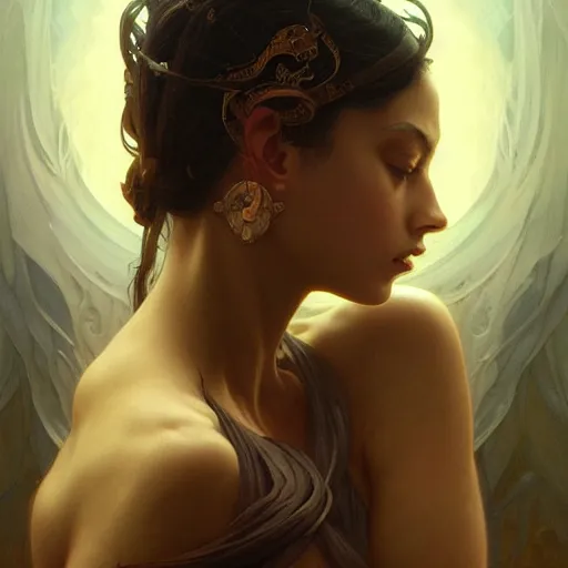 Image similar to portrait of dark goddess, intricate, elegant, highly detailed, digital painting, artstation, concept art, smooth, sharp focus, illustration, art by artgerm and greg rutkowski and alphonse mucha and william - adolphe bouguereau