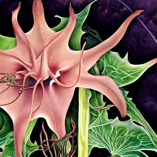 Image similar to close relationship between datura stramonium and men, mythical full of symbolism picture, hyper detailed, hyper realistic, warm colours, symbiosis