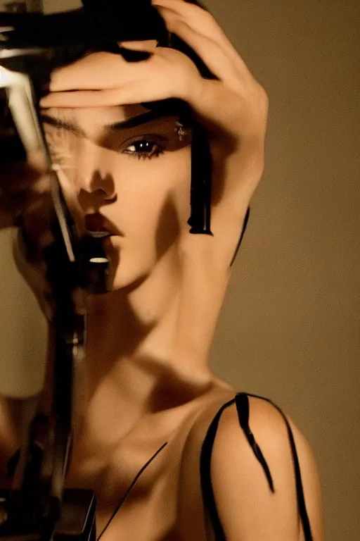 Prompt: film still of Kendall Jenner in fiction thriller lynch film, mysterious glamour, sexy, intriguing, film lighting, photography film portrait by nick knight. Emotionnal.